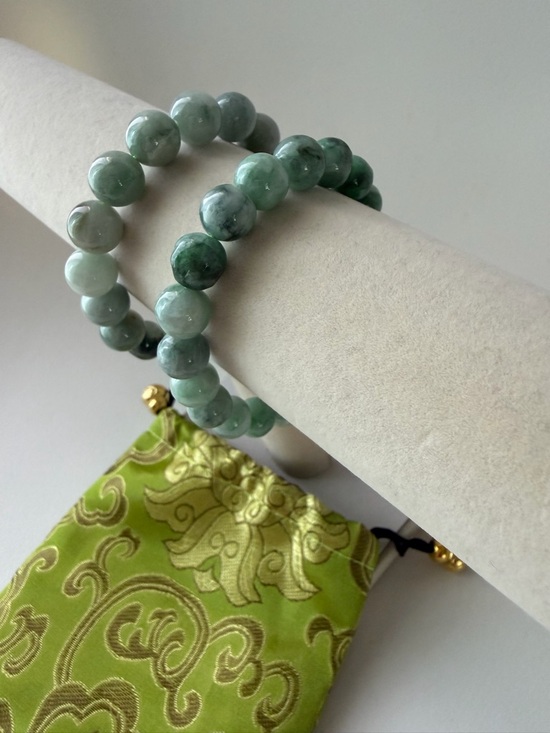 Authentic 2 Pieces Icy Floating Green Jade Beaded Bracelets - Picture 5 of 12